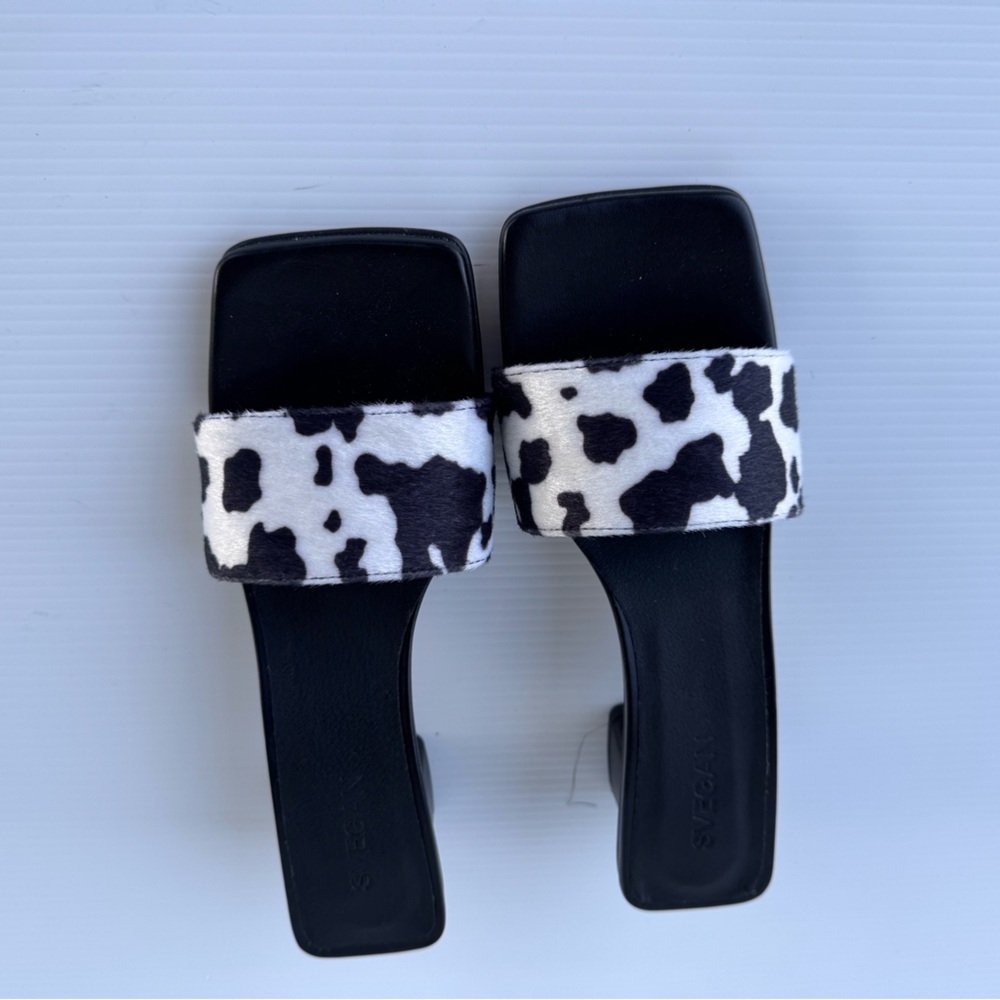 SVEGAN By Alohas Cow Print Block Heel Square Toe Slip On Slides Sz 39 NEW IN BOX